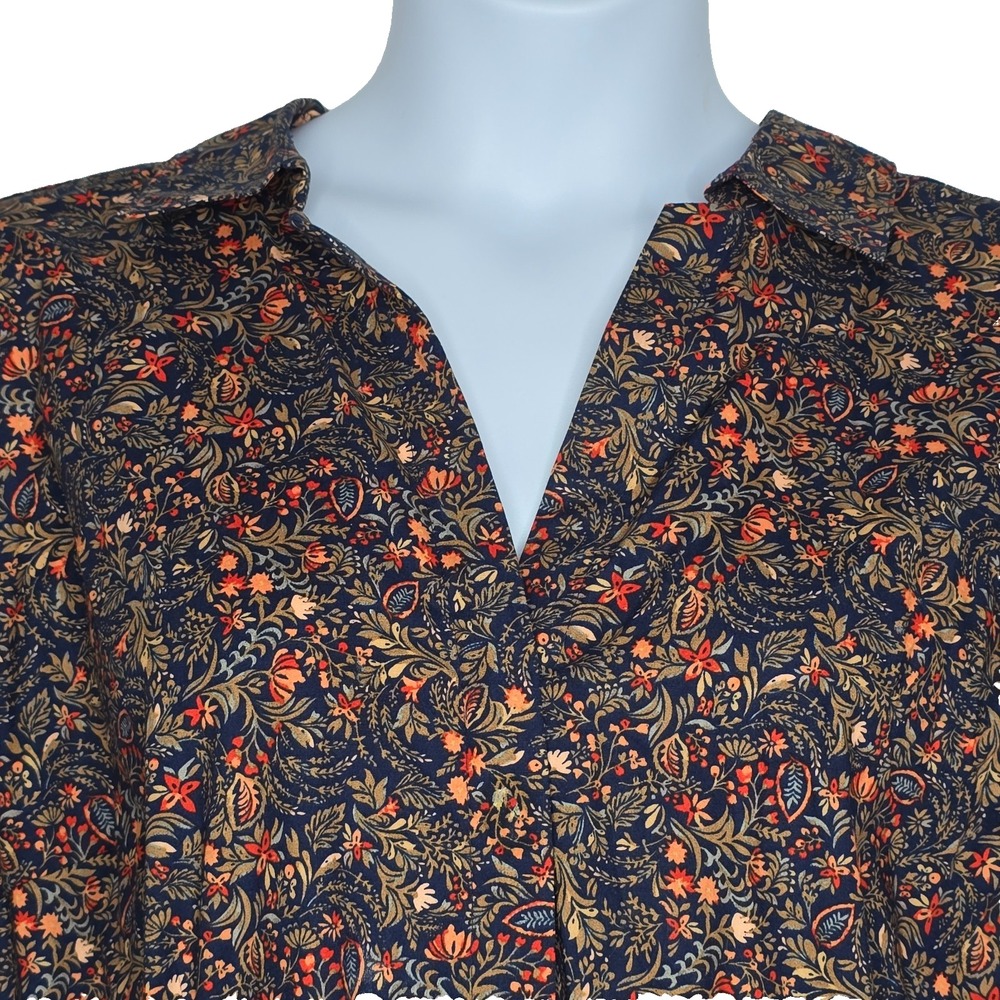 Croft & Barrow Womens 3X Blouse Button Shirt Top Floral Navy Blue Long Sleeve